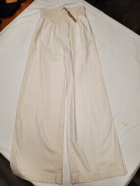 Love Tree Smocked High Waist Wide Leg Pants Cream Ivory Size M NWT Linen Blend